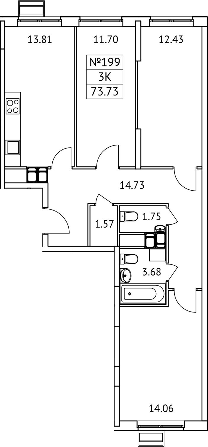Планировка — Новотомилино, 3-комн., 74 м²