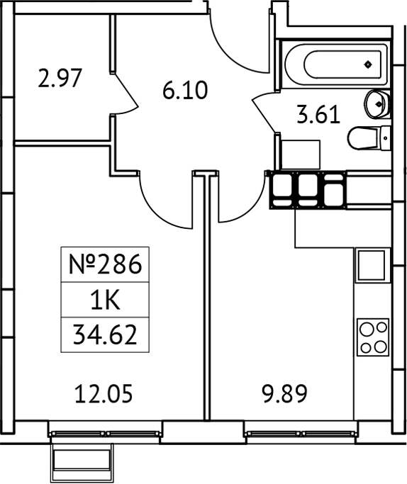 Планировка — Новотомилино, 1-комн., 35 м²