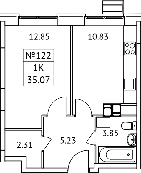 Планировка — Новотомилино, 1-комн., 35 м²