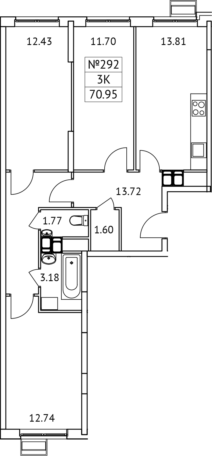 Планировка — Новотомилино, 3-комн., 71 м²
