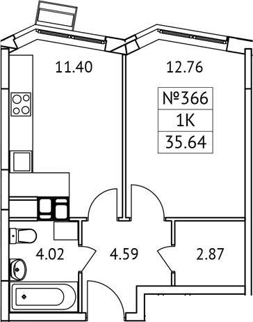Планировка — Новотомилино, 1-комн., 36 м²