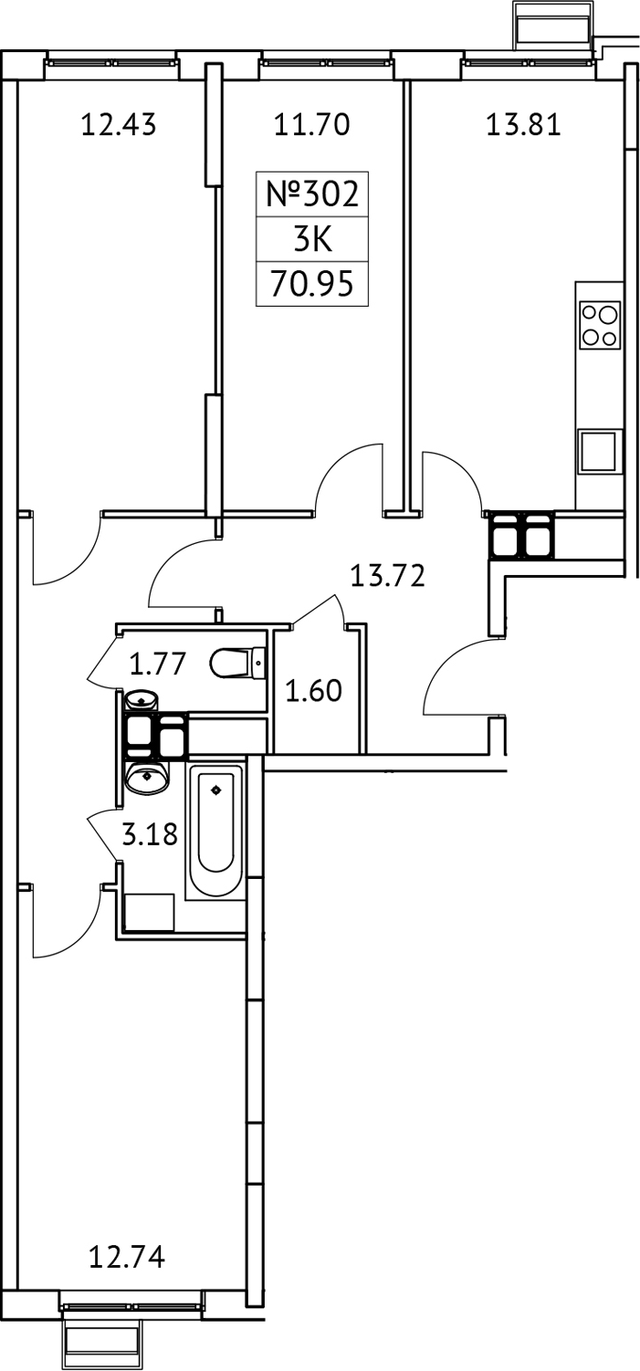 Планировка — Новотомилино, 3-комн., 71 м²