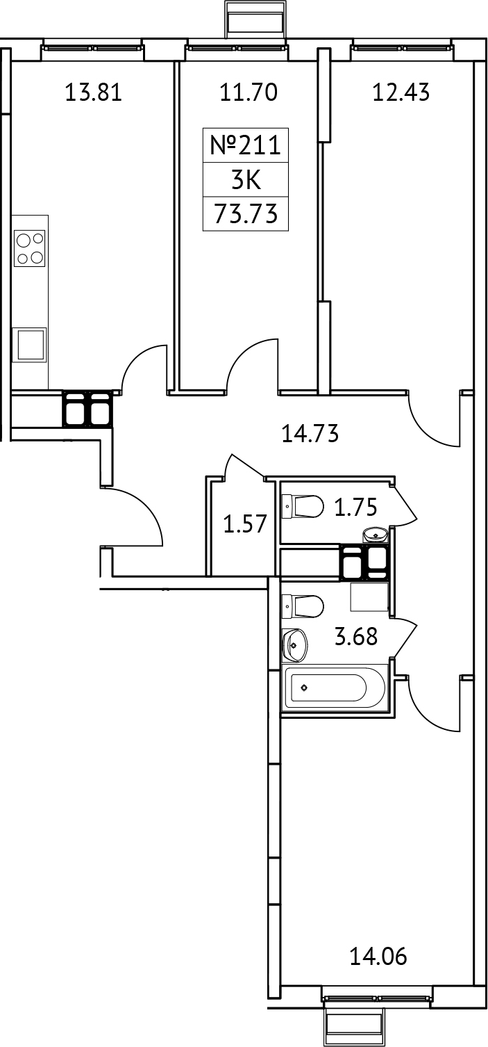 Планировка — Новотомилино, 3-комн., 74 м²