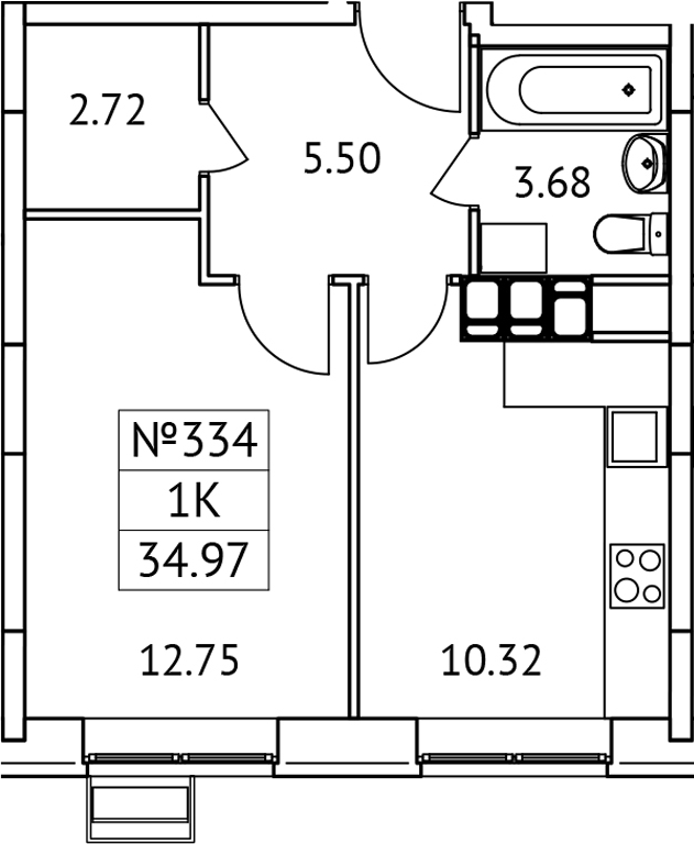 Планировка — Новотомилино, 1-комн., 35 м²