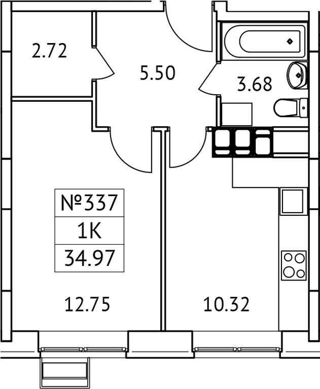 Планировка — Новотомилино, 1-комн., 35 м²