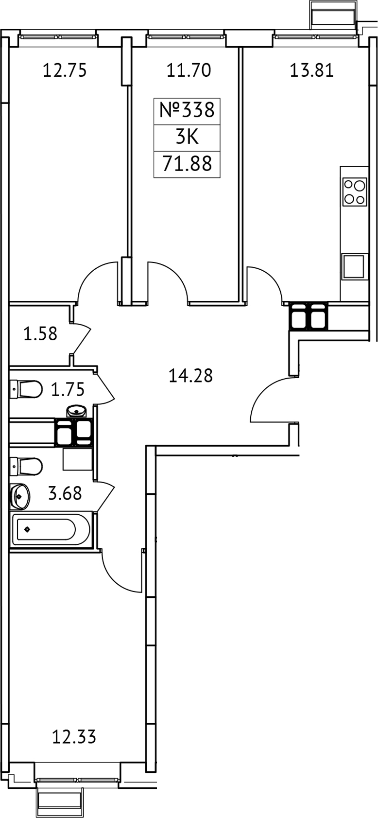 Планировка — Новотомилино, 3-комн., 72 м²