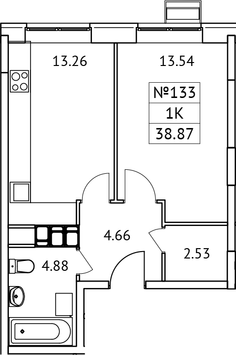 Планировка — Новотомилино, 1-комн., 39 м²