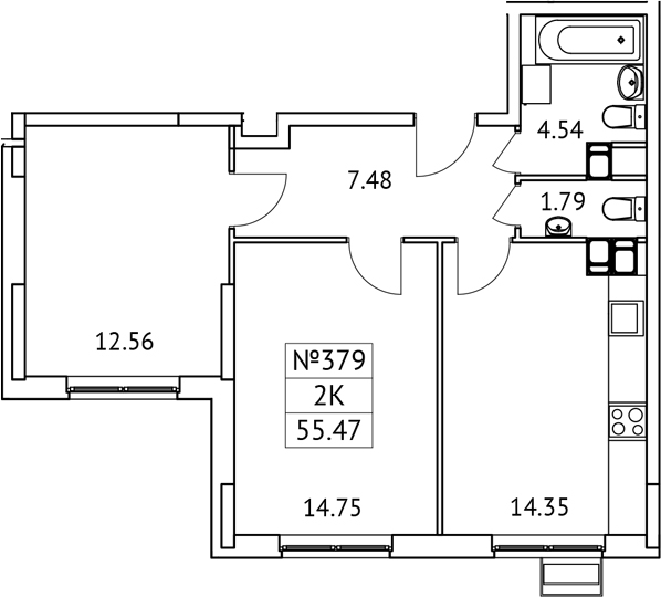 Планировка — Новотомилино, 2-комн., 55 м²