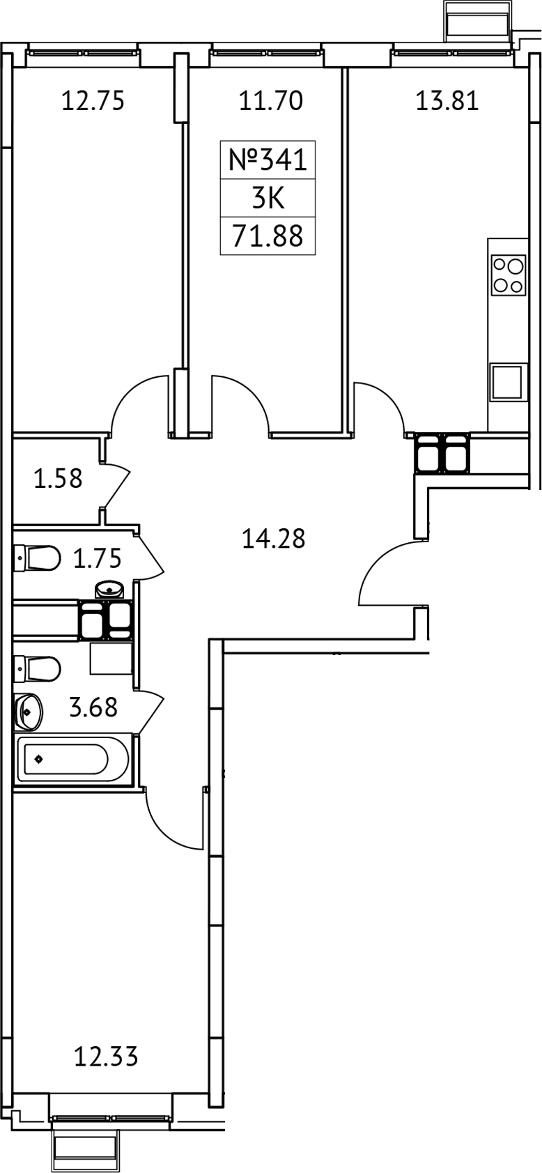 Планировка — Новотомилино, 3-комн., 72 м²