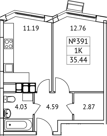 Планировка — Новотомилино, 1-комн., 35 м²
