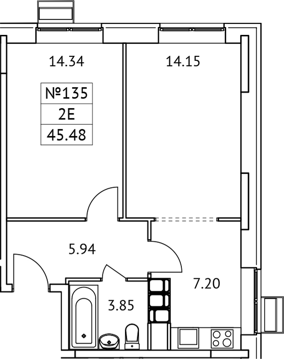 Планировка — Новотомилино, 2-комн., 45 м²