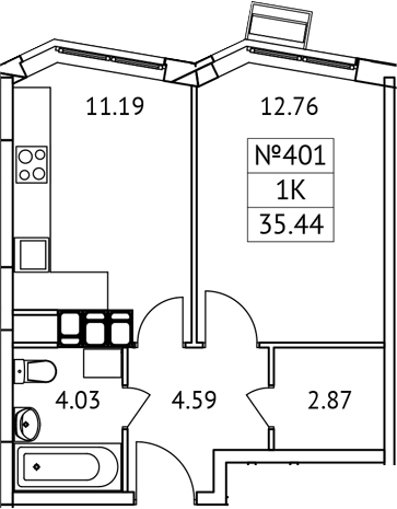Планировка — Новотомилино, 1-комн., 35 м²