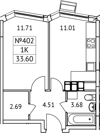 Планировка — Новотомилино, 1-комн., 34 м²