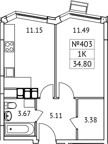 Планировка — Новотомилино, 1-комн., 35 м²