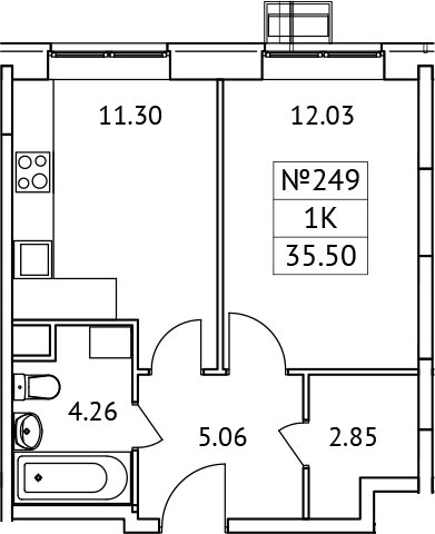 Планировка — Новотомилино, 1-комн., 36 м²