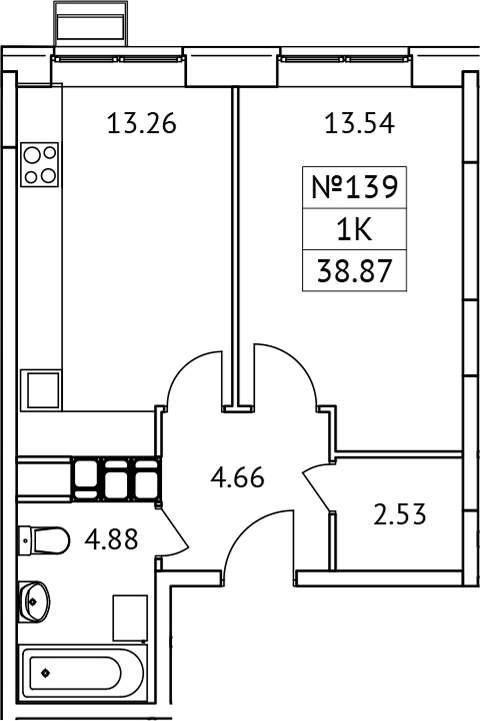Планировка — Новотомилино, 1-комн., 39 м²
