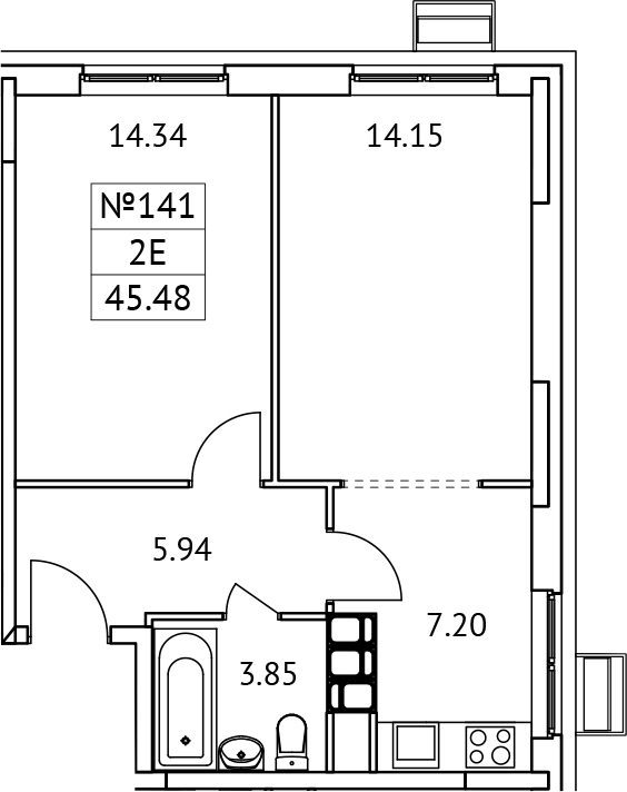 Планировка — Новотомилино, 2-комн., 45 м²