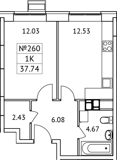 Планировка — Новотомилино, 1-комн., 38 м²
