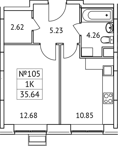 Планировка — Новотомилино, 1-комн., 36 м²