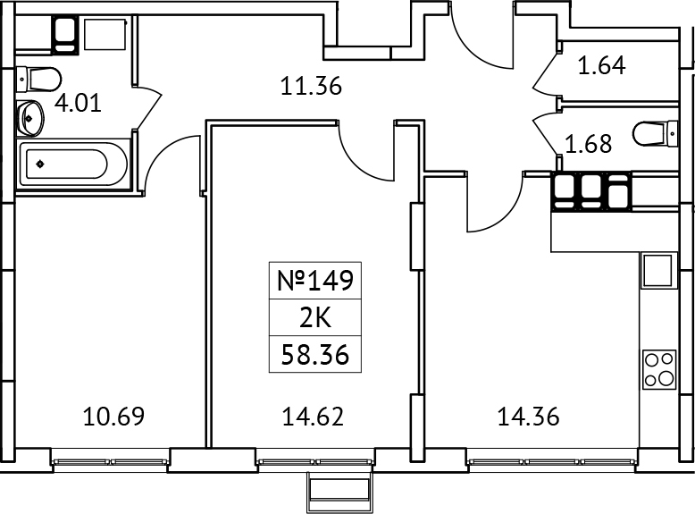 Планировка — Новотомилино, 2-комн., 58 м²