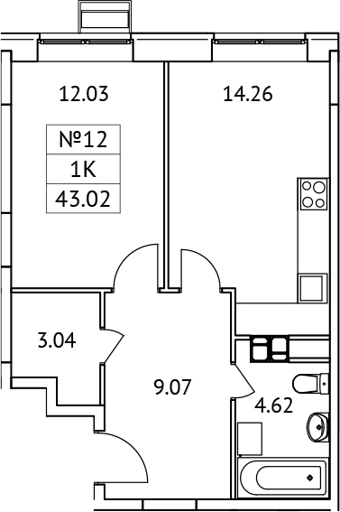 Планировка — Новотомилино, 1-комн., 43 м²