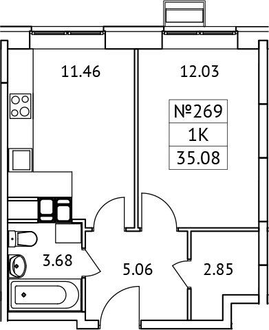 Планировка — Новотомилино, 1-комн., 35 м²