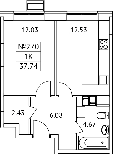 Планировка — Новотомилино, 1-комн., 38 м²