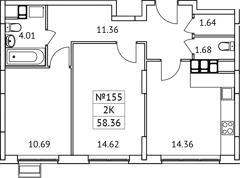 Планировка — Новотомилино, 2-комн., 58 м²