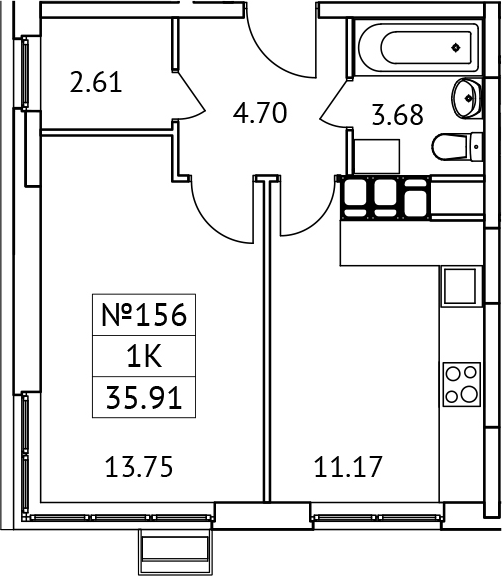 Планировка — Новотомилино, 1-комн., 36 м²