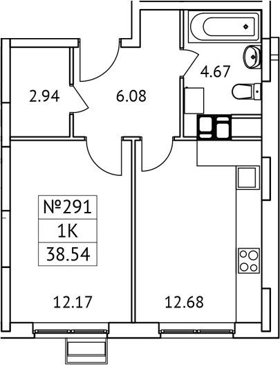Планировка — Новотомилино, 1-комн., 39 м²