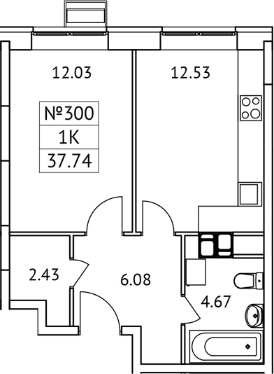 Планировка — Новотомилино, 1-комн., 38 м²