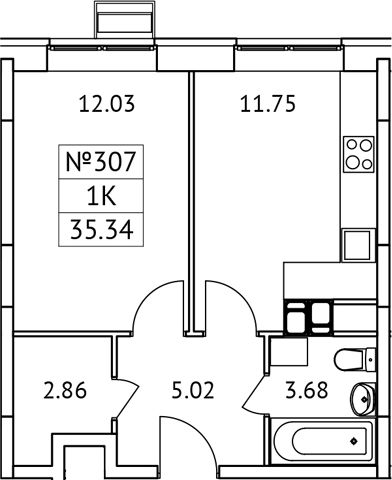 Планировка — Новотомилино, 1-комн., 35 м²