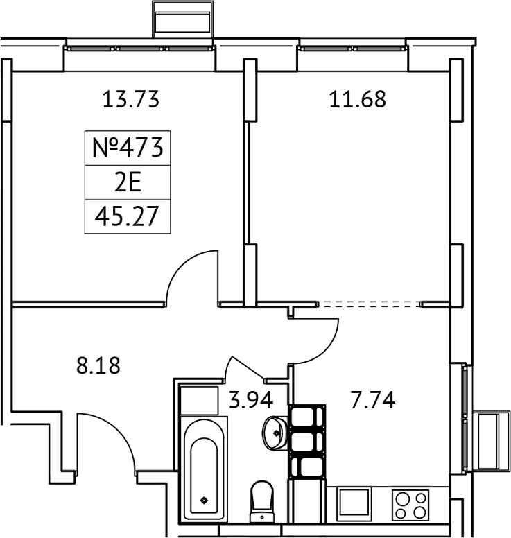 Планировка — Новотомилино, 2-комн., 45 м²