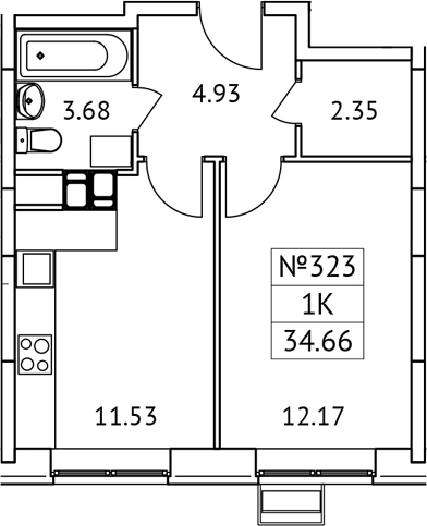 Планировка — Новотомилино, 1-комн., 35 м²