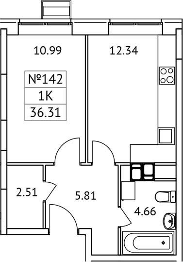 Планировка — Новотомилино, 1-комн., 36 м²