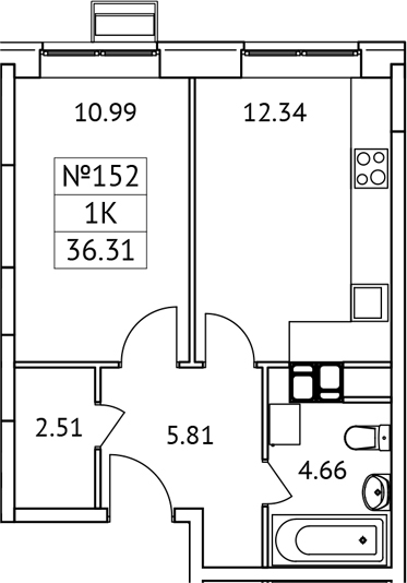 Планировка — Новотомилино, 1-комн., 36 м²