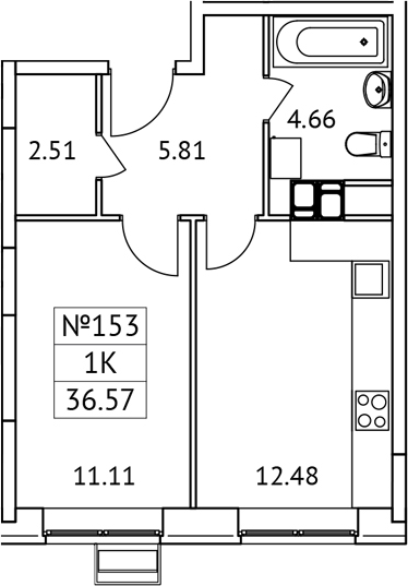 Планировка — Новотомилино, 1-комн., 37 м²