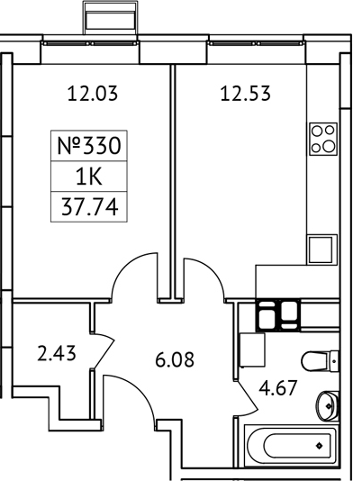 Планировка — Новотомилино, 1-комн., 38 м²
