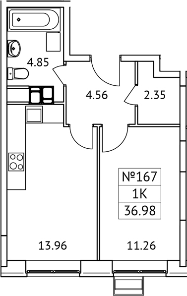 Планировка — Новотомилино, 1-комн., 37 м²
