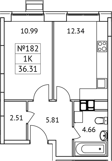 Планировка — Новотомилино, 1-комн., 36 м²