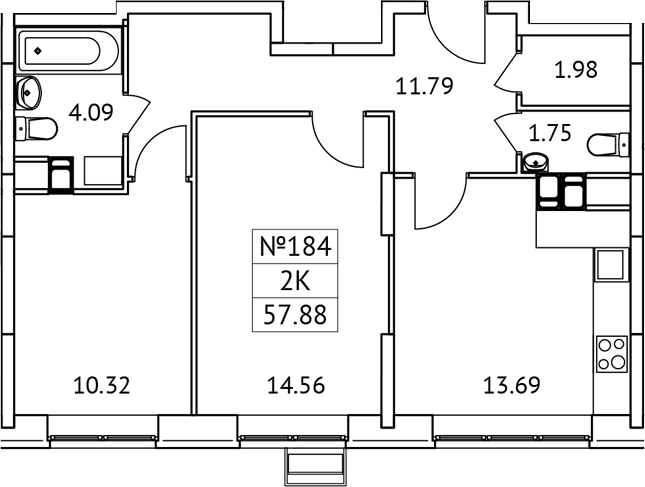 Планировка — Новотомилино, 2-комн., 58 м²