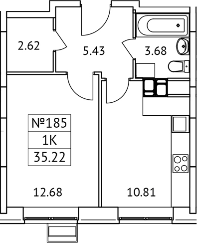 Планировка — Новотомилино, 1-комн., 35 м²
