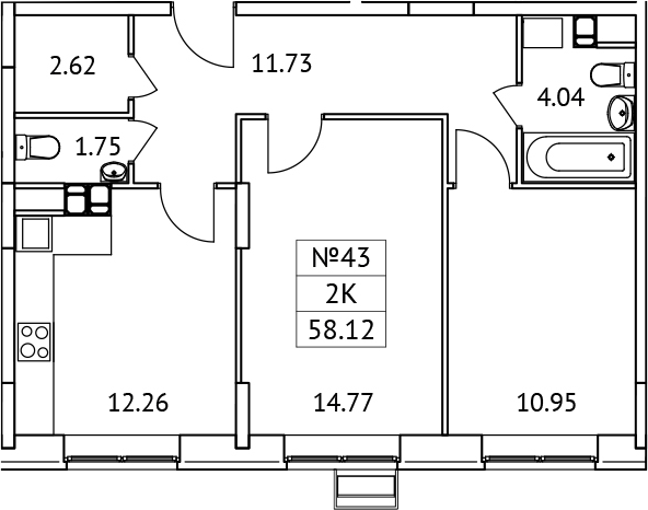 Планировка — Новотомилино, 2-комн., 58 м²
