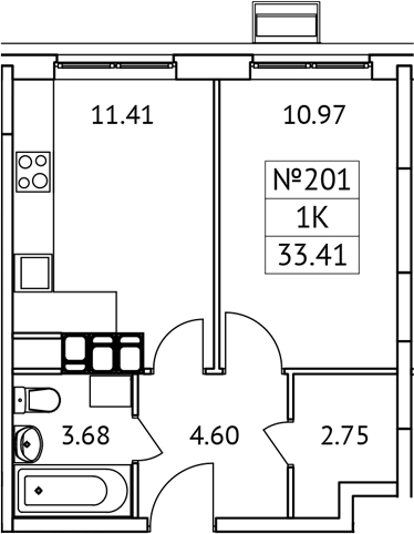 Планировка — Новотомилино, 1-комн., 33 м²