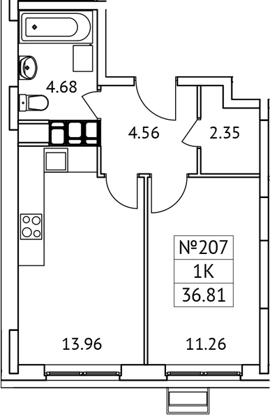 Планировка — Новотомилино, 1-комн., 37 м²