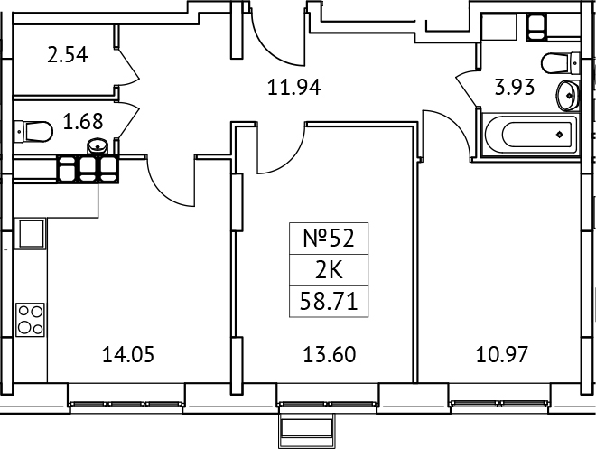 Планировка — Новотомилино, 2-комн., 59 м²