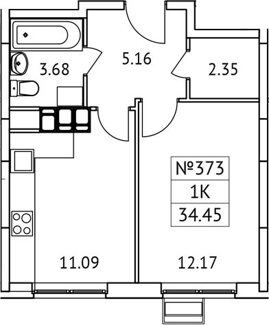 Планировка — Новотомилино, 1-комн., 34 м²
