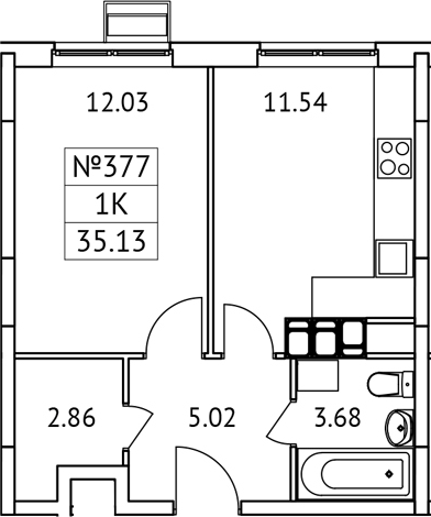 Планировка — Новотомилино, 1-комн., 35 м²