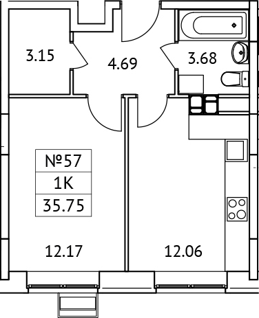 Планировка — Новотомилино, 1-комн., 36 м²