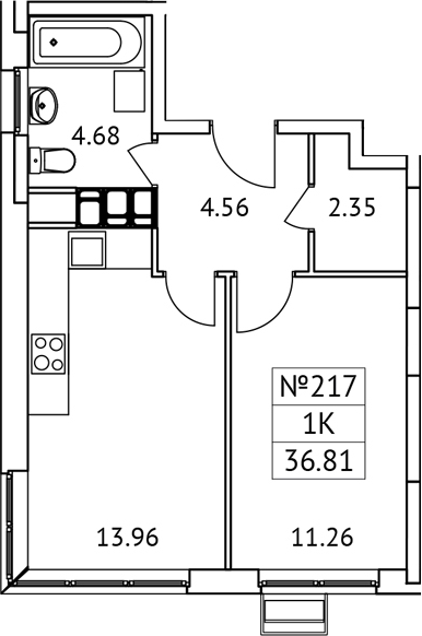 Планировка — Новотомилино, 1-комн., 37 м²